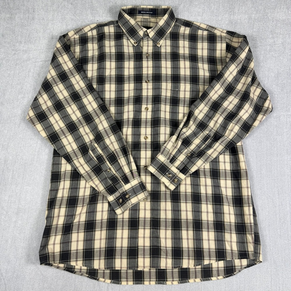 Siegfried Wrinkle Resistant Plaid Button Down Shirt Mens Large Black‎ Tan Cotton